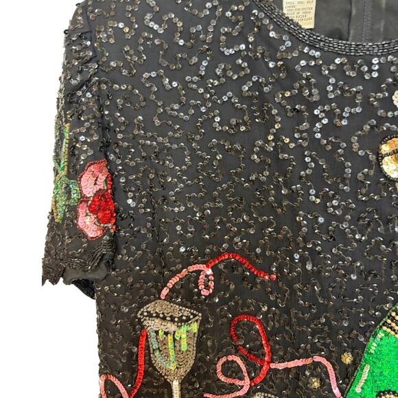 Vtg Lawrence Kazar Black Beaded Cocktail Top Blouse Silk XL Embellished - Picture 5 of 9